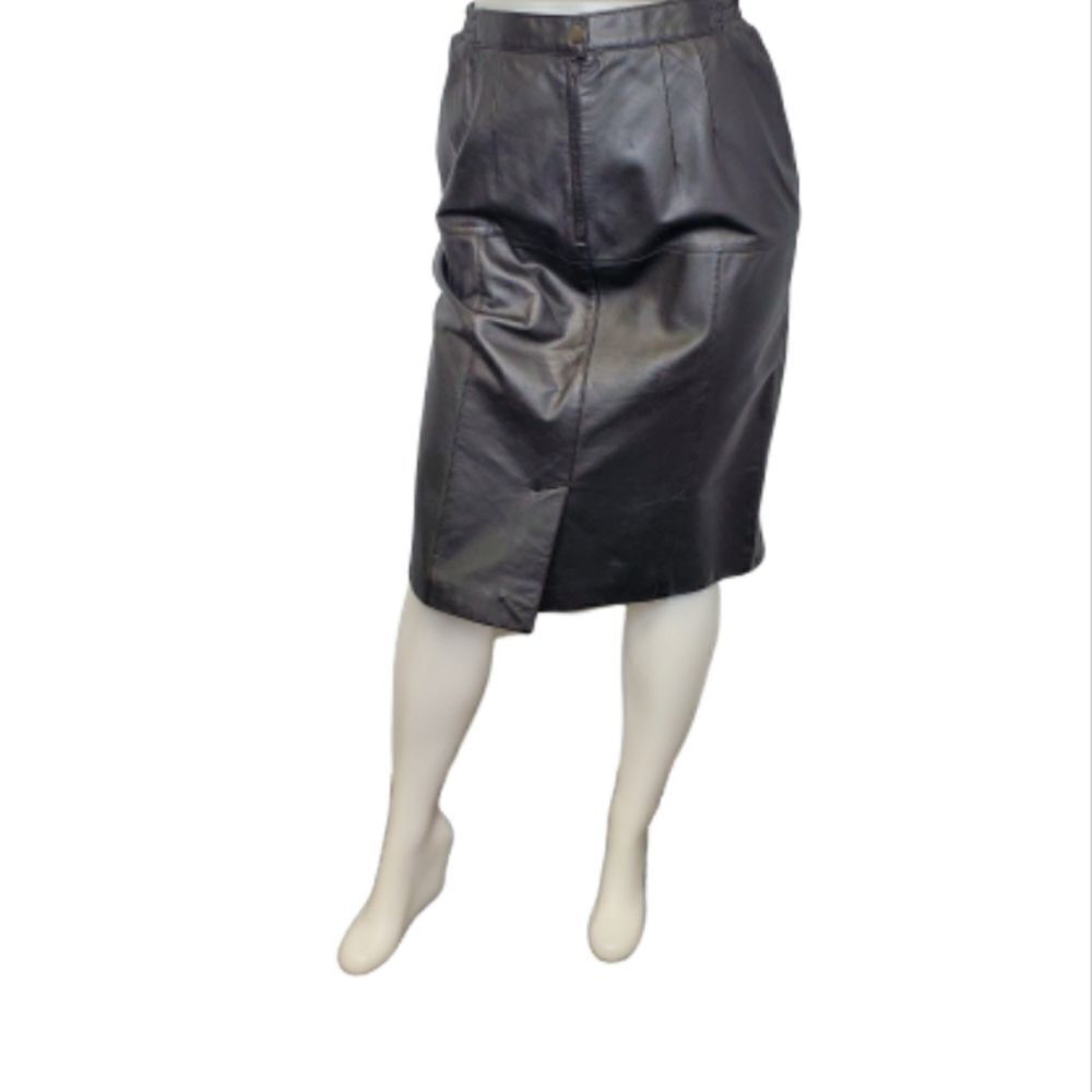 VINTAGE 80s skirt black genuine leather‎ midi pencil M